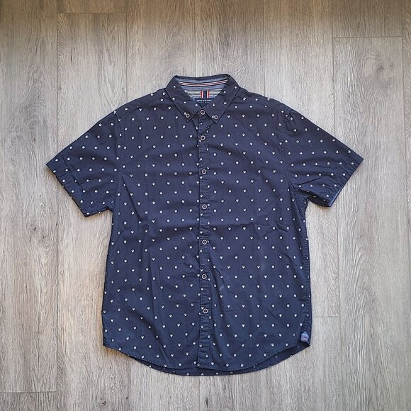 slim fit short sleeve dark blue button down with white skull print size L - Picture 3 of 7